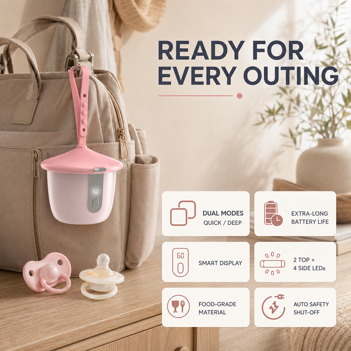 Portable UV-C Pacifier Sanitizer with Smart Display and 1500mAh Battery