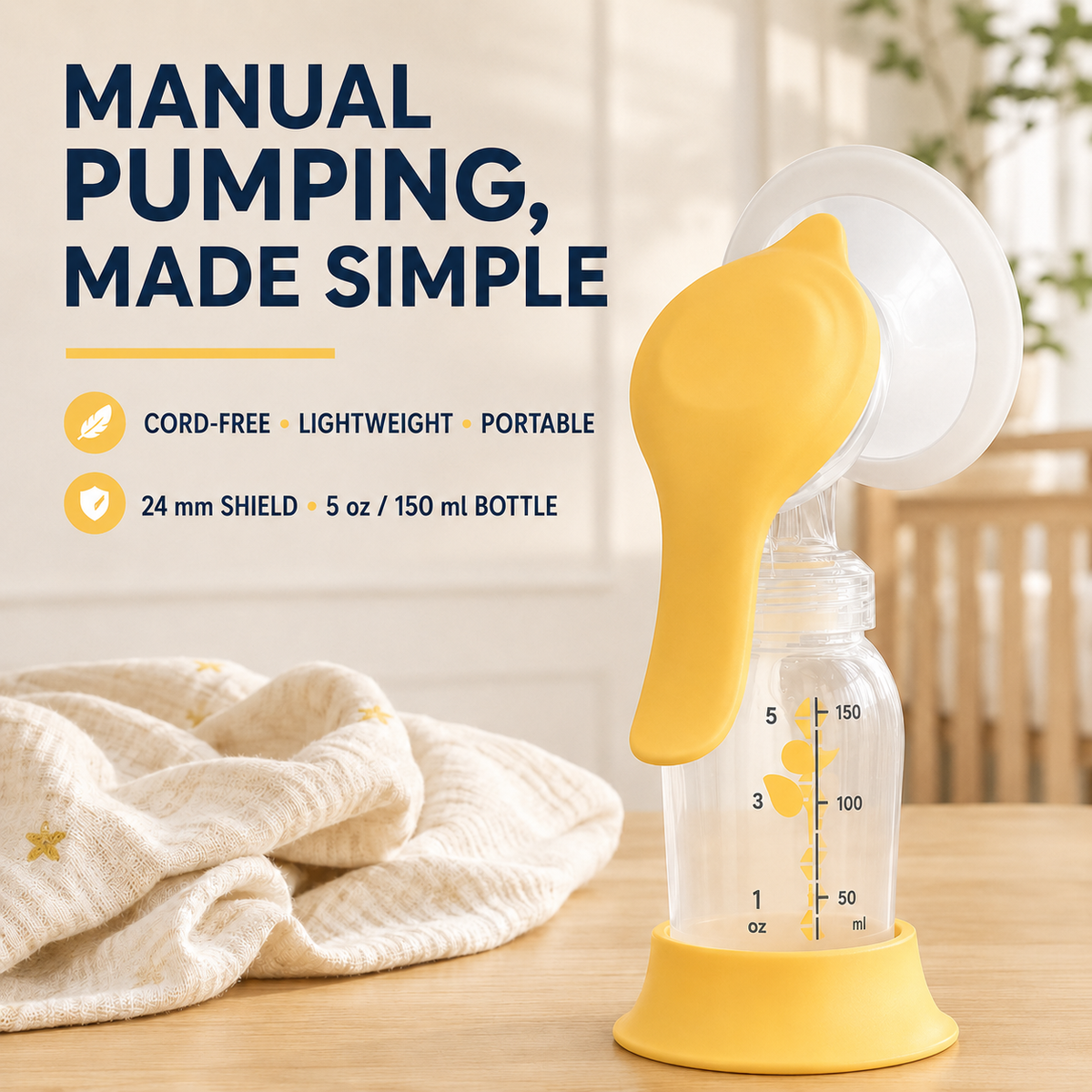 Portable Manual Breast Pump with 24 mm Breast Shield and 5 oz Bottle