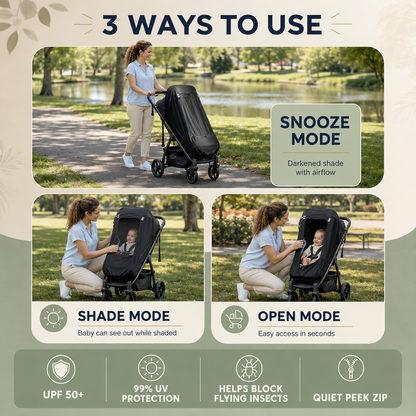 Multi-Style Stroller Sun Shade Cover with UPF 50+ Fabric, Breathable Mesh and Storage Bag