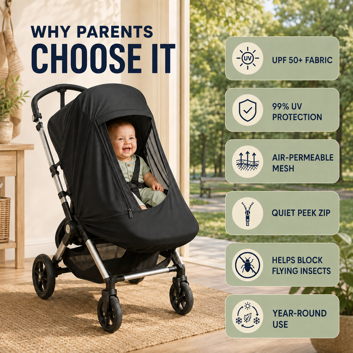 Multi-Style Stroller Sun Shade Cover with UPF 50+ Fabric, Breathable Mesh and Storage Bag