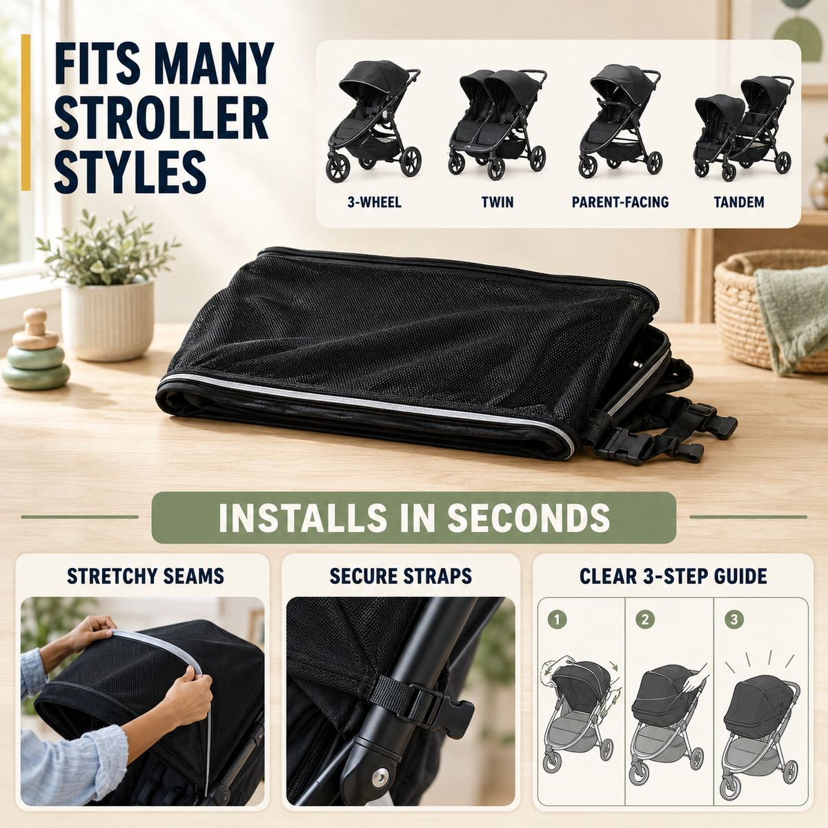 Multi-Style Stroller Sun Shade Cover with UPF 50+ Fabric, Breathable Mesh and Storage Bag